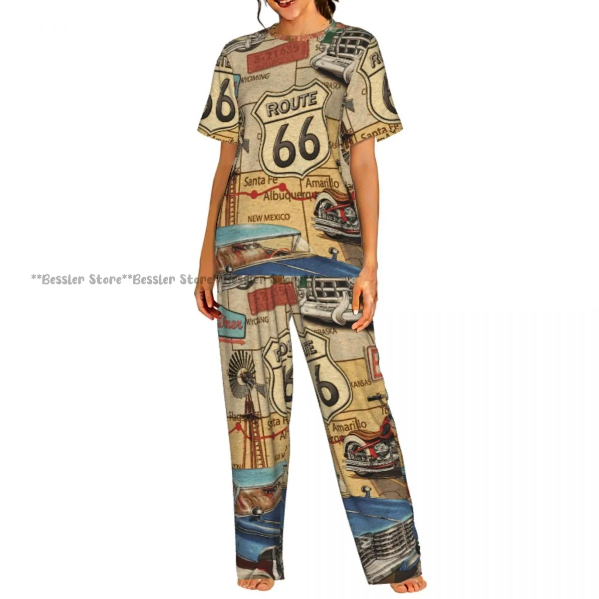 

Women's 2-piece set Vintage Route 66 Poster Pajamas Short sleeved Top and Pants Sleepwear