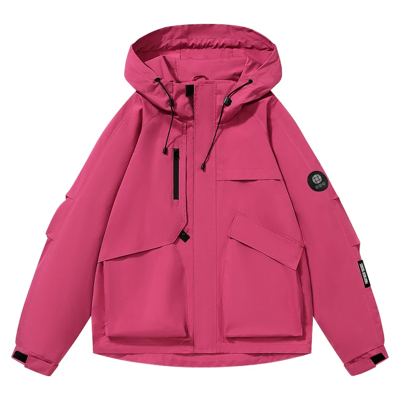 Unisex Outdoor-Windbreaker mit Kapuze, besticktem Aufnäher, mehreren Taschen, Reißverschluss-Knopfleiste, wasserdicht, winddicht, locker geschnittene Wanderjacke – Detail 7