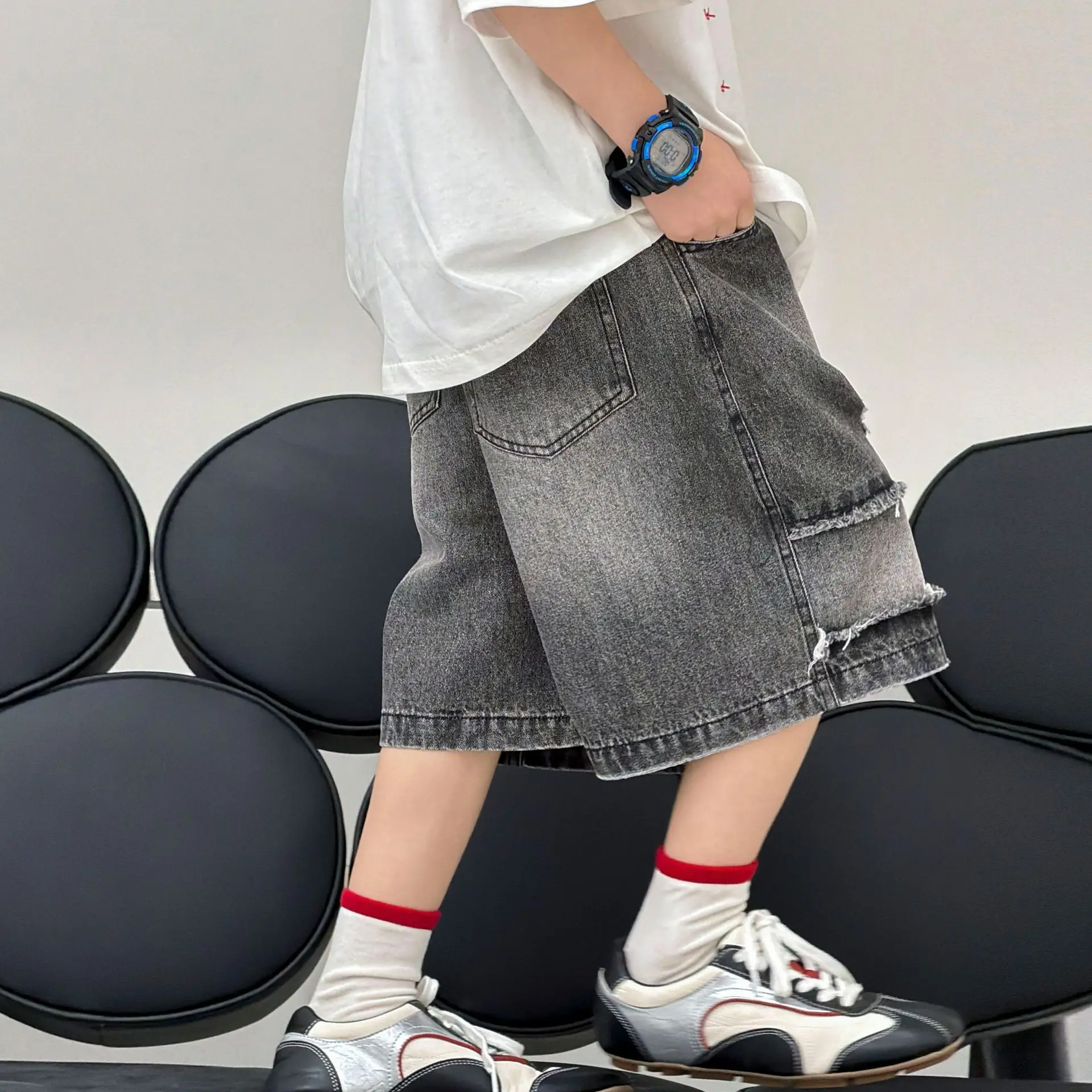 Boys Ripped Denim Shorts for Summer 2026 New Childrens Summer Clothing Boys Loose Middle Pants Loose Fit