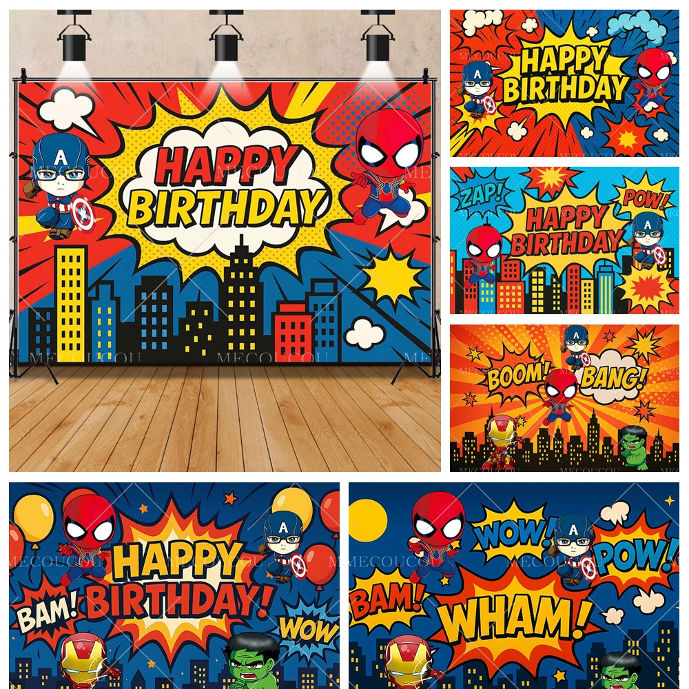 

Marvel City Building Superhero Photography Background Custom SpiderMan Iron Man Hulk Kid Birthday Party Baby Shower Decor Poster