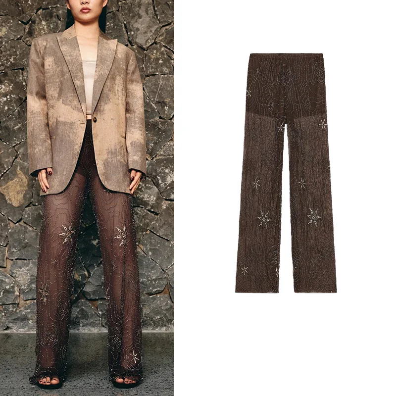 

Spring New Women's American Semi-Transparent Mid-Waist Color Blo Bead And Sequin Decorative Pants Casual Straight Leg Trousers