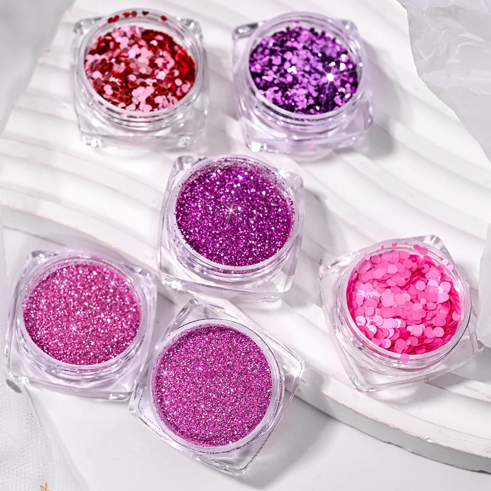 6 Pz/set Rosa e Viola Mix Glitter Per Unghie Polvere/Paillettes Scintillanti Esagono Fiocchi per Il Trucco Del Partito Ombretto Corpo Manicure Decorazioni