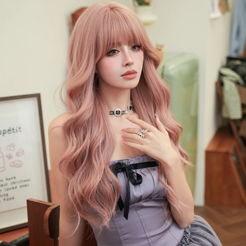 7JHH WIGS Costume Wig Synthetic Body Wavy Sweet Pink Wig for Women Daily Use Fashion Loose Sakura Pink Wigs with Fluffy Bangs