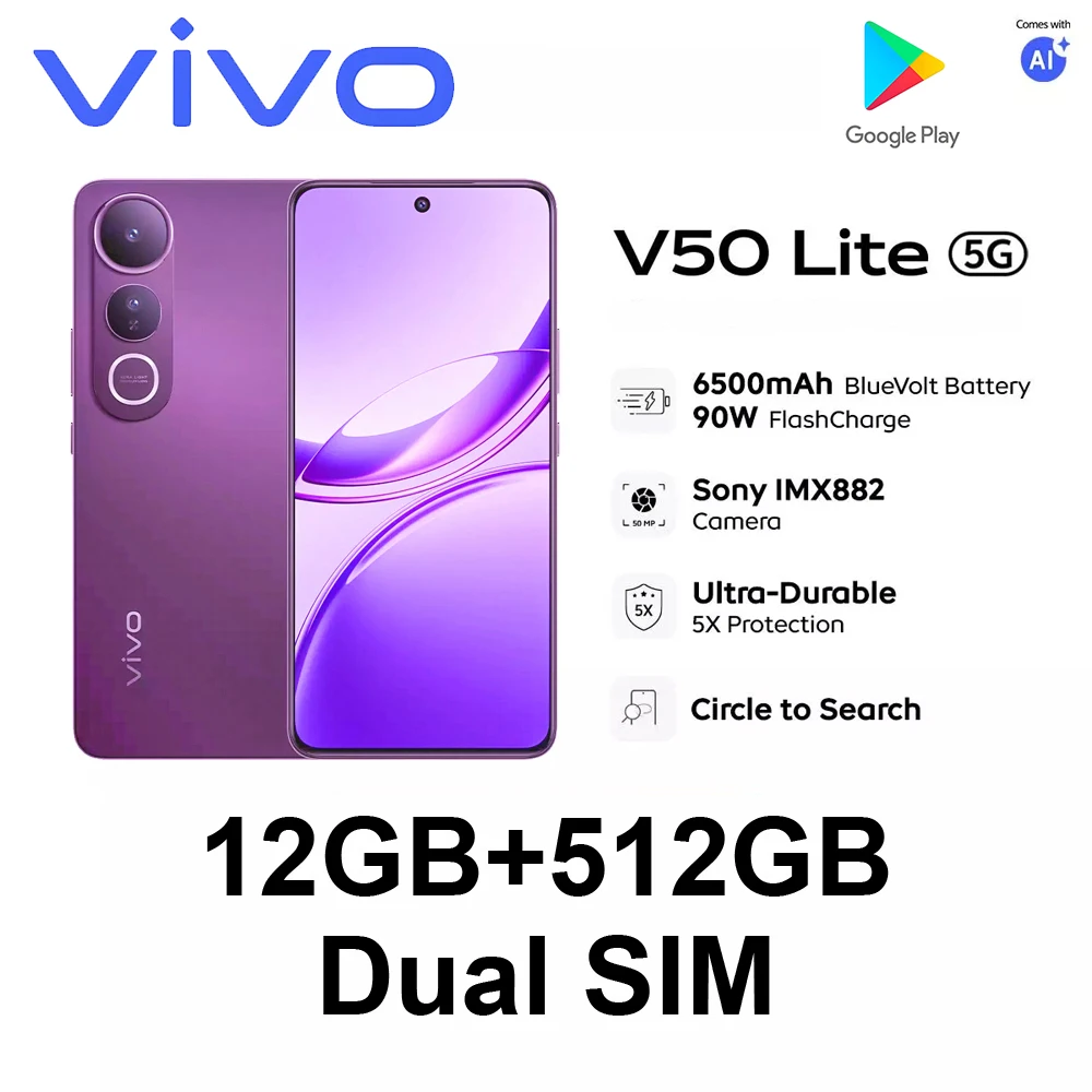 NEW VIVO V50 Lite 5G Smartphone Global Version | 6500mAh Huge Battery + 90W Fast Charging | 50MP Sony Camera | IP65 Waterproof
