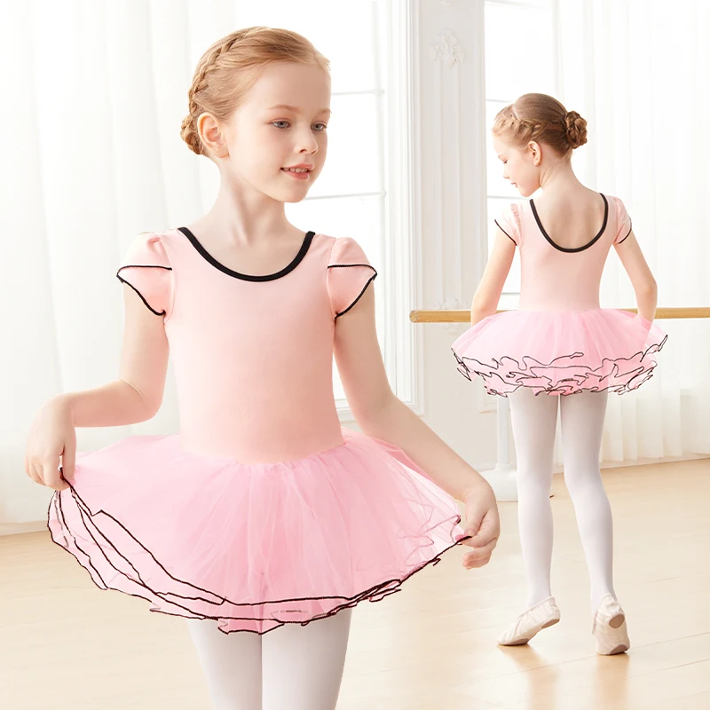 Girls Pink Ballet Leotard with Tutu Short Sleeve Dance Bodysuit for Toddler Girls Cotton Ballerina Wear