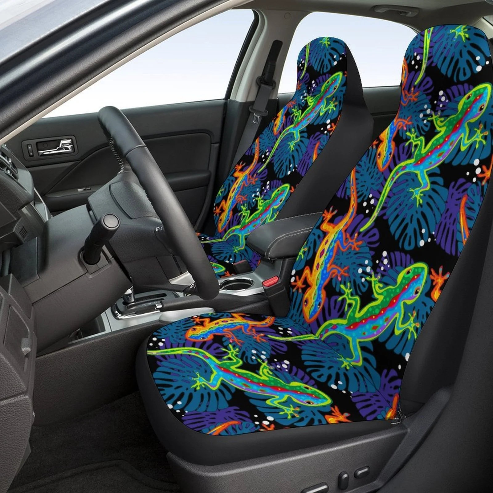 2pcs Colorful Lizard Animal Print Car Seat Covers - Non-Slip Breathable Fabric, Fit Front Seat Protectors, Machine Washable For