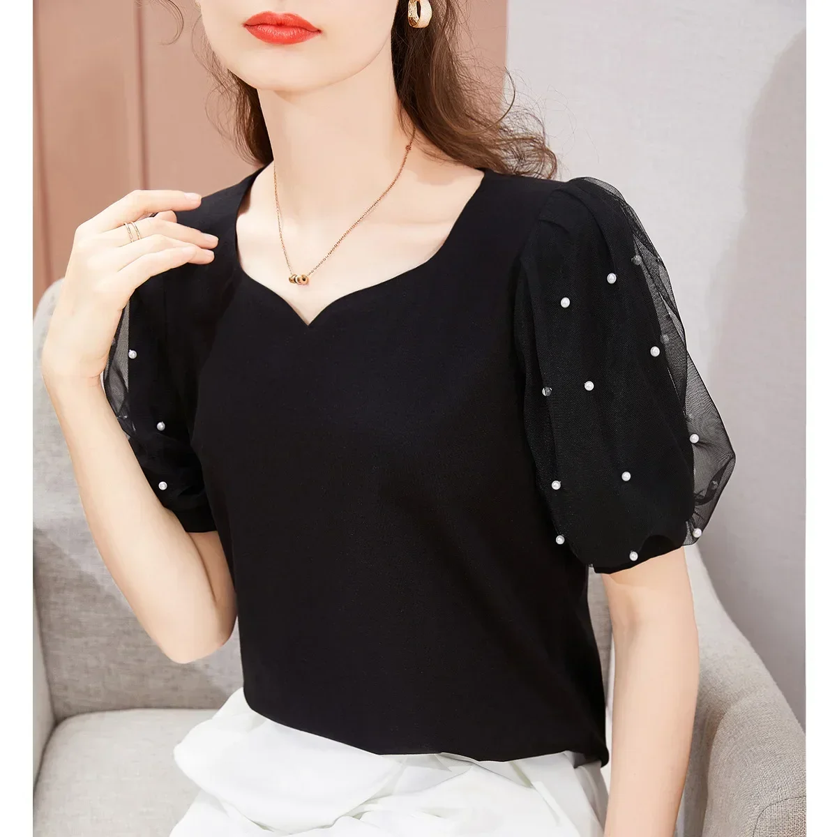 MRMT 2026 Brand New Women's Short Sleeve T Shirt Solid Color Half Sleeve Cotton T-shirt Pleated Mesh Puff Sleeve Design Women