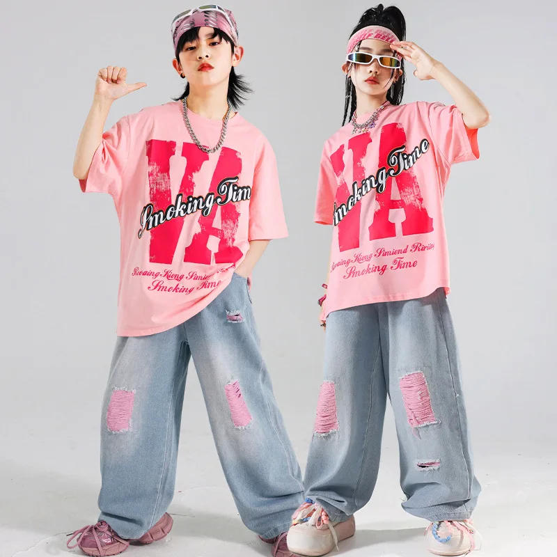 Mädchen Streetwear Street Dance T-shirt Rosa Lose Jeans Hip Hop Kleidung für Kinder Jazz Zerrissene Denim Hosen Outfits Teen Kostüm