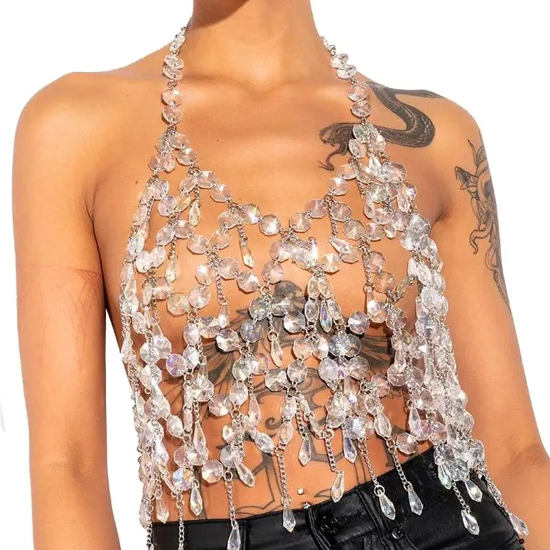 

39BC Fashion Acrylic Beads Studded Mesh Sleeveless Shirt Summer Night Outfit