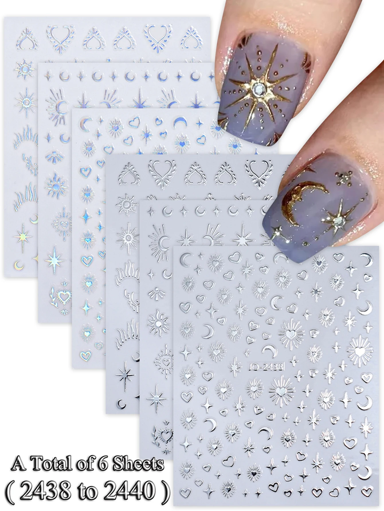 6/12/24 Vellen Gouden & Zilveren Ster, Maan & Hart Nagelstickers, Zelfklevende 3D Nageldecoratie Stickers voor DIY Manicure Decoratie
