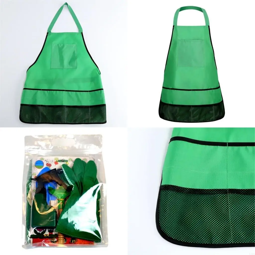 54DA Juego herramientas jardín para niños, 7 piezas, delantal jardín, pala, rastrillos, juego rol, juguete