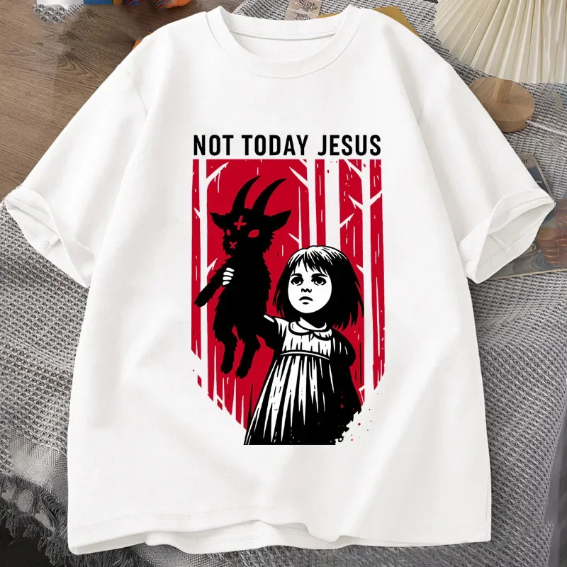 Men's Gothic Graphic T-Shirt - "Not Today Jesus" Distressed Red Print Casual Round Neck Tee for Outdoor Family Wear T Shirt view 2