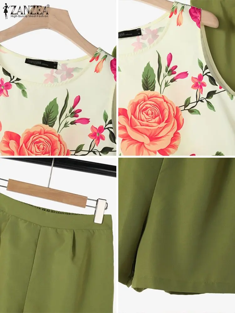 ZANZEA 2024 Summer Women Short Sets Bohemian Two Piece Sets Floral Printed Sleeveless Tops and Shorts Loose Casual Suits Outfits