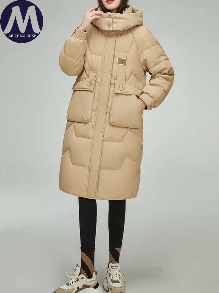 Damska kurtka zimowa 2025 elegancka z długim rękawem, kapturem, gruba, ocieplana bawełną, moda koreańska, luźna, ciepła parka