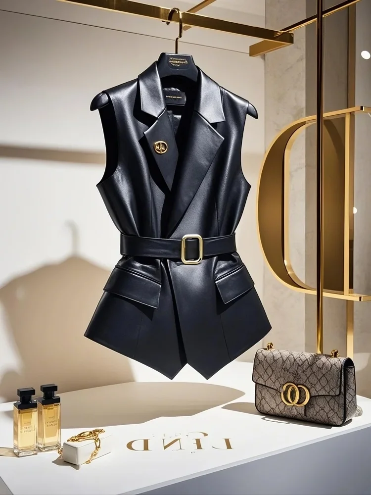 2025 new women's European and American style lapel vest dress with double breasted waistband, mid length imitation leather horse