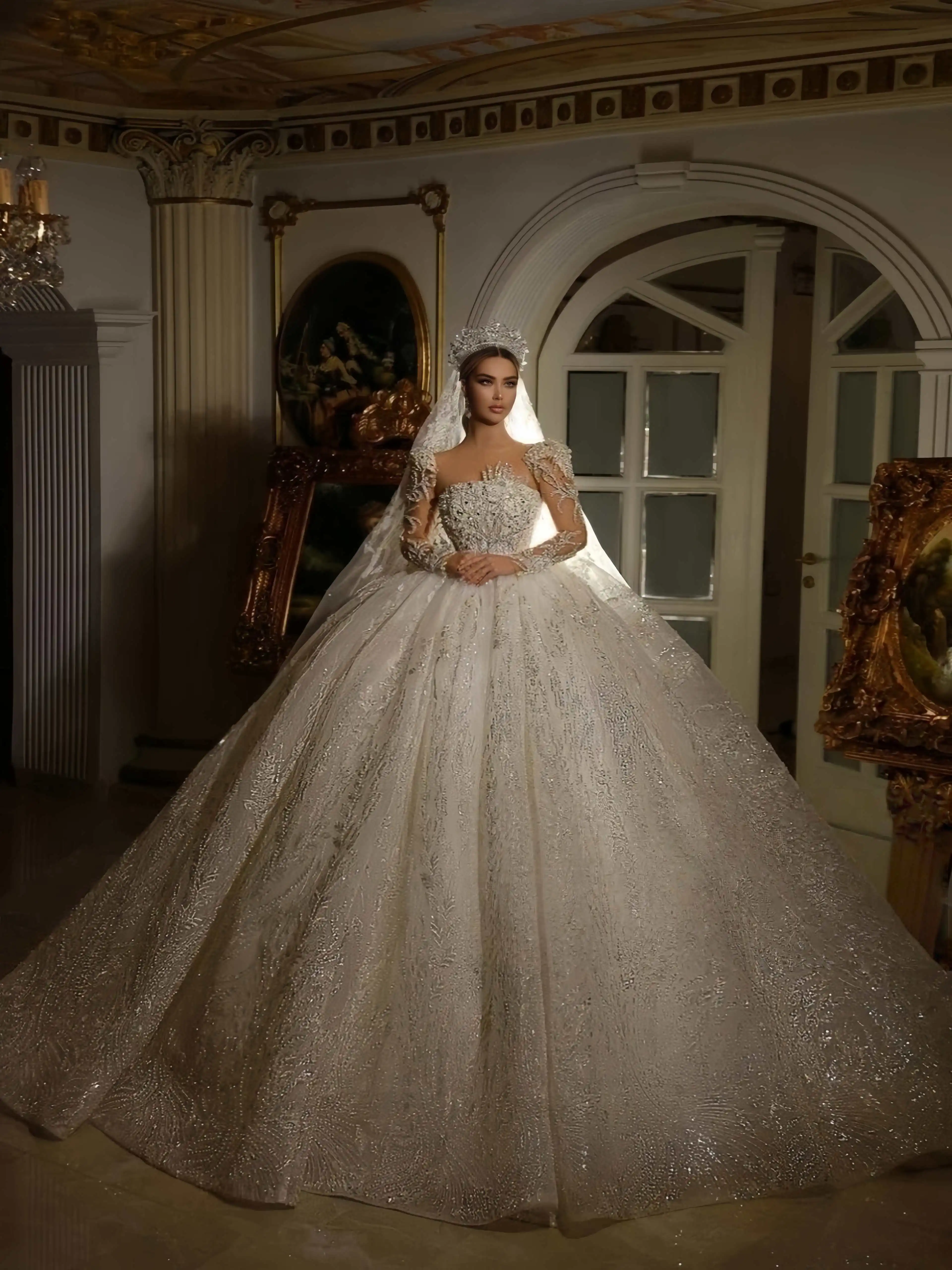 

Изысканное бальное платье с бисером по индивидуальному заказу, 2025, блестящее свадебное платье принцессы с блестками, свадебное платье с длинными рукавами, Vestido De Novia