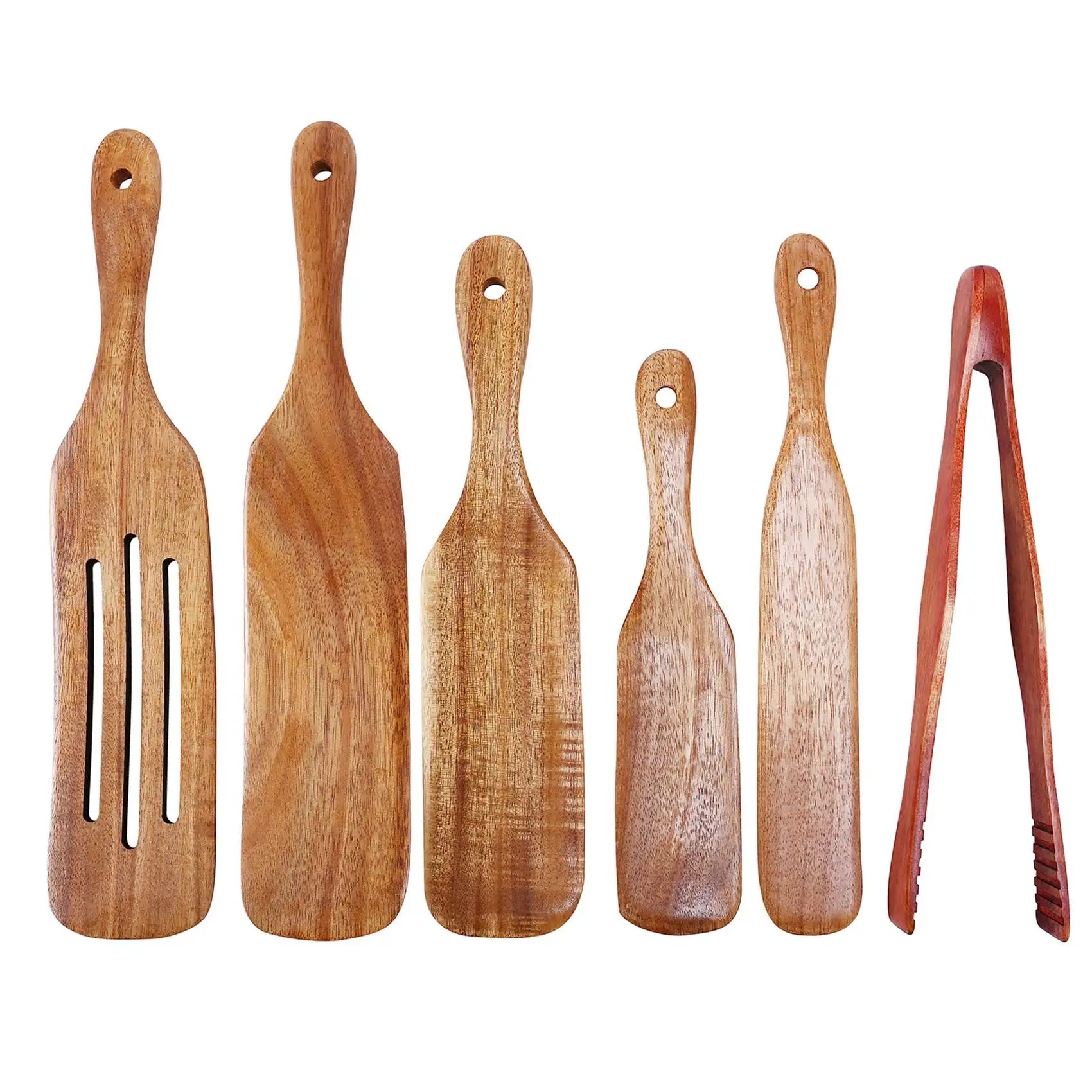 AFOURT-6 Pcs Wooden Spurtle Set, Teak Spurtle Set Heat Resistant Wooden Spatula Cooking Utensils Set Non-Stick Wooden Spoons