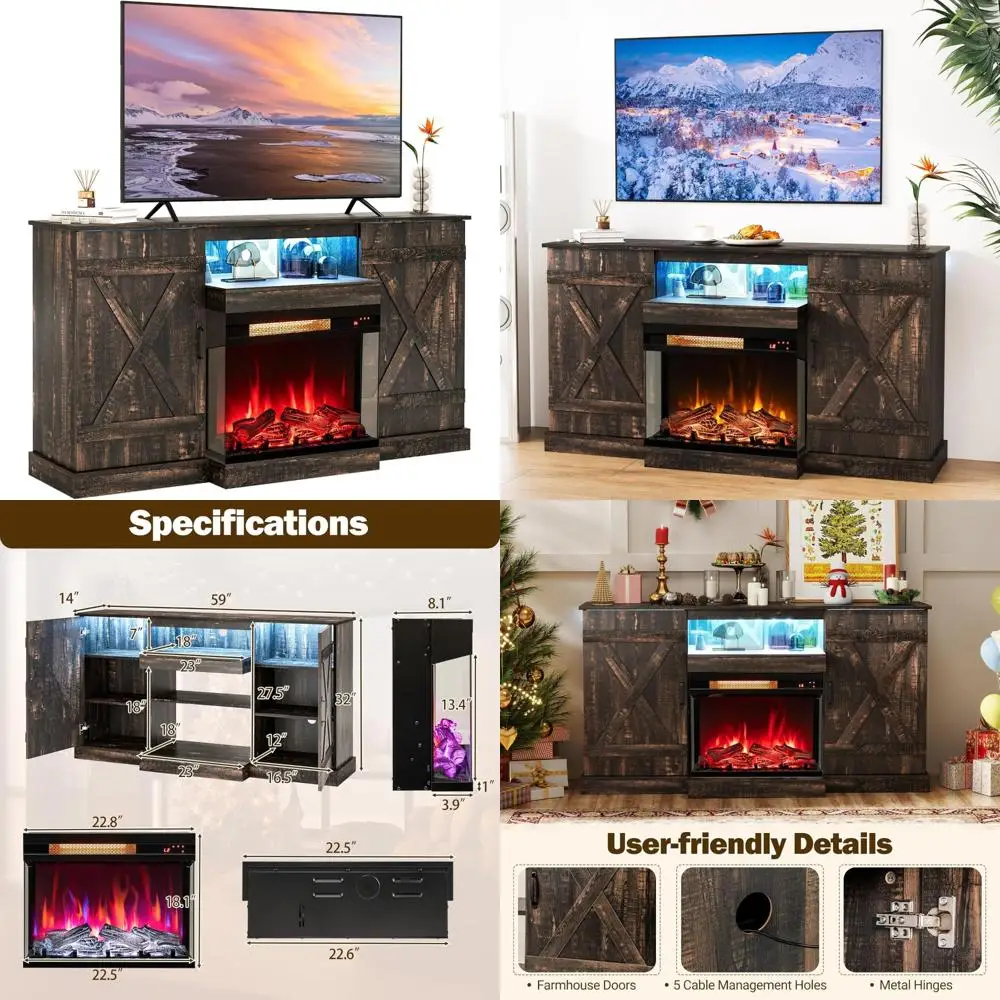 Soporte para TV con chimenea eléctrica de 58 pulgadas con frente de cristal de 23 pulgadas, mesa consola central de entretenimiento para televisores de hasta 58 pulgadas, medios