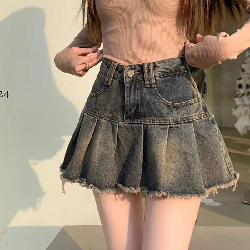 

Retro Fleece Denim Skirt for Women Summer New Water Washed Old Design High Waist Slim Hundred Pleated Short Skirt