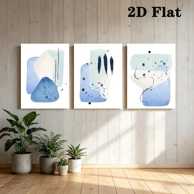 2D Flat, 3pcs Modern Abstract Blue Watercolor Splatter Line Art, Frameless Wall Art Print Set, No Frame Painting Decor for Li