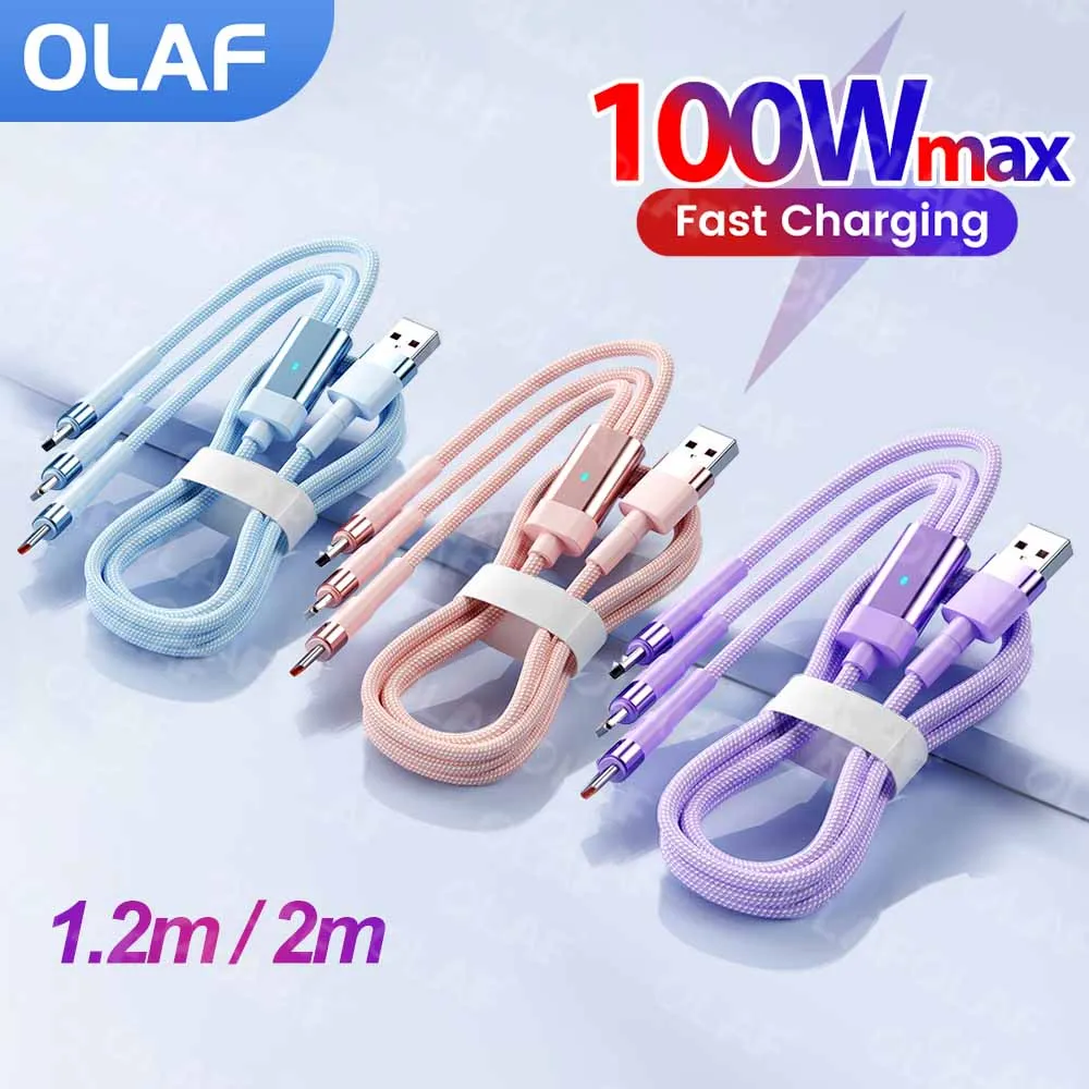 

100W 3 in 1 Fast Charging Data Cable 3A USB Type C Cable Cord For iPhone 15 16 iPad Samsung Xiaomi USB To Lightning Micro Cable