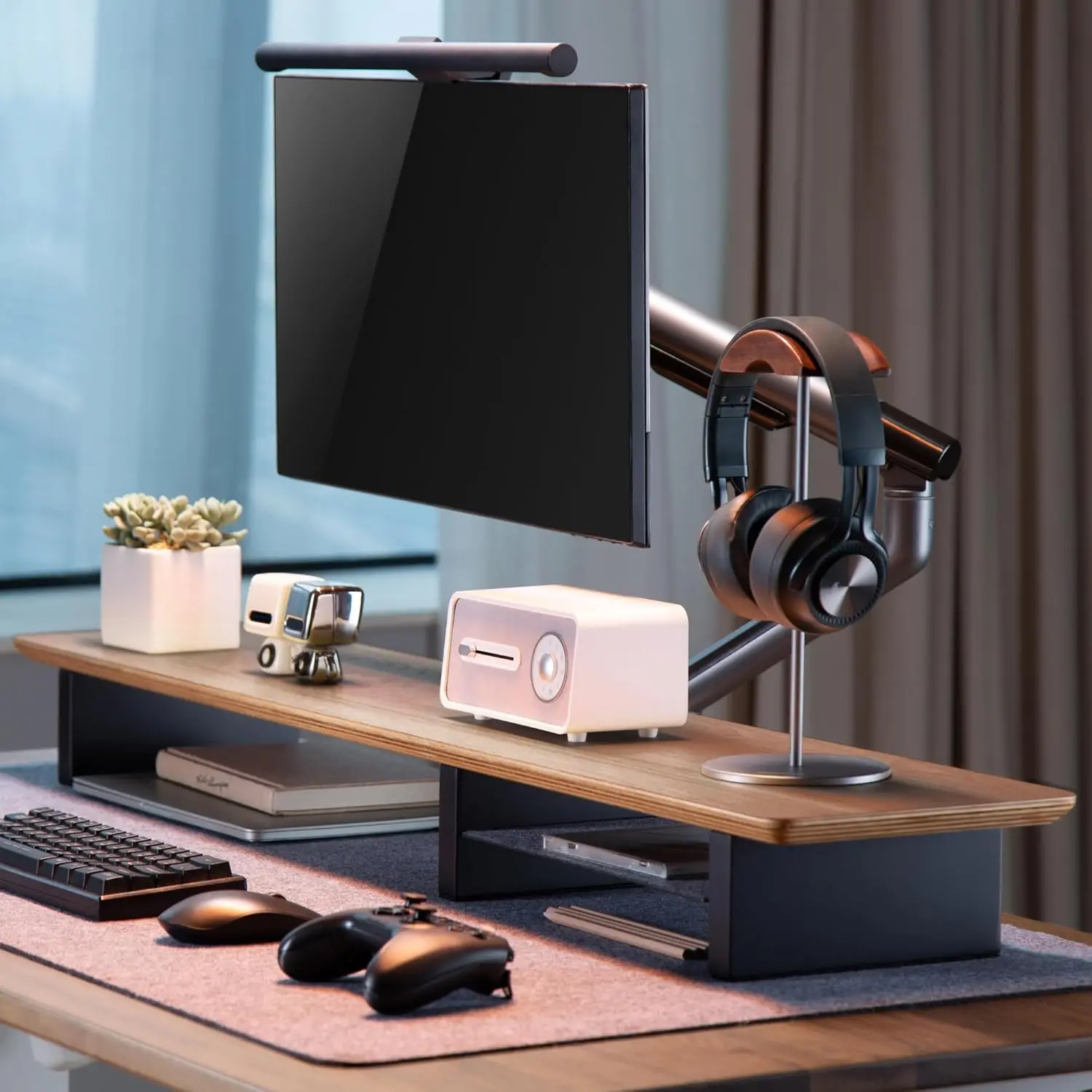 

Large Walnut Monitor Stand for Desk 44 Inch, Dual Monitor Riser with Metal Shelf, Stable Wood Desk Shelf for Home Office