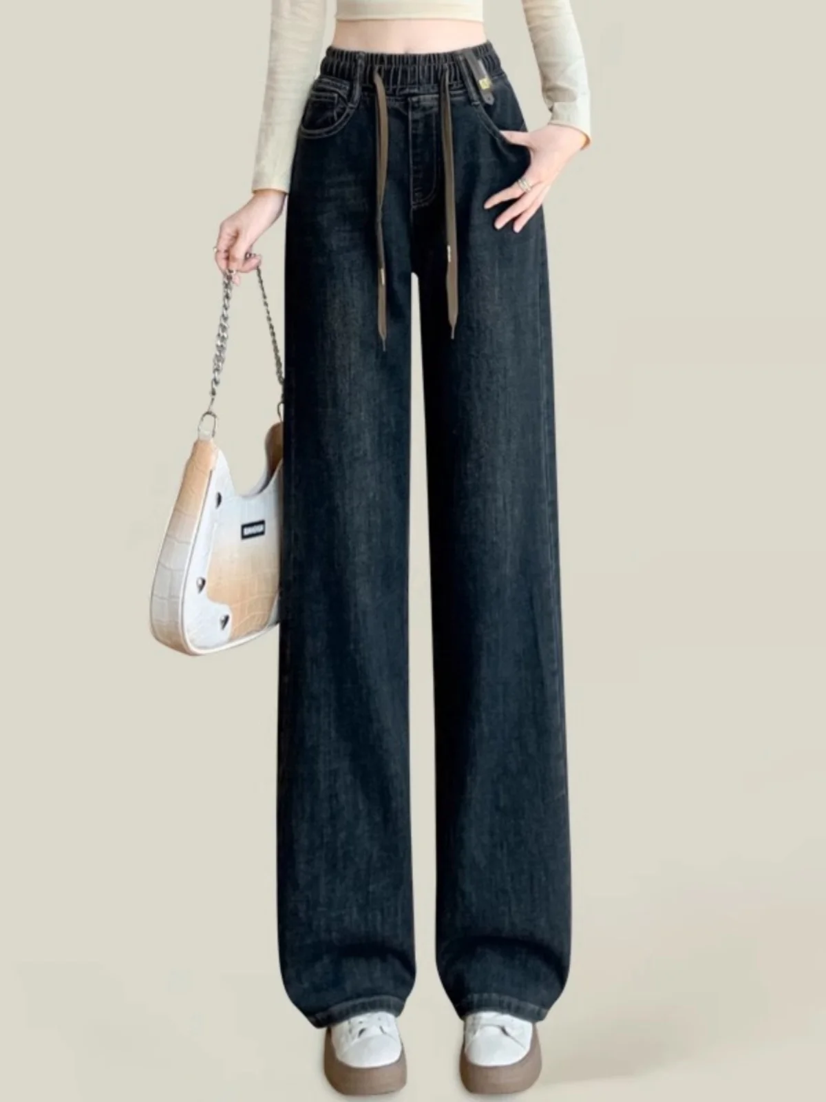 High Waist Wide Leg Jeans Women's plus Size Fleece Lined Straight Leg Spring Autumn High Rise Trousers Long for Tall Women