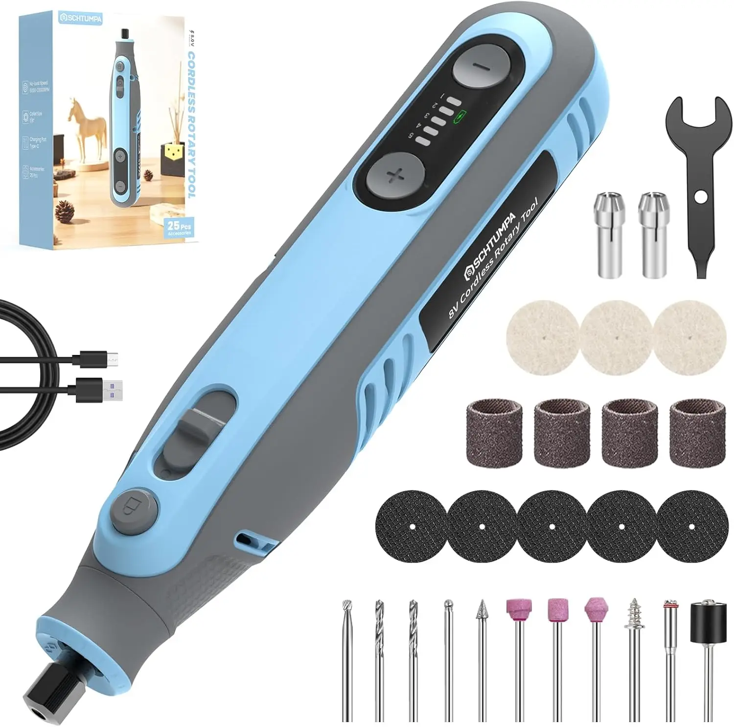 

Беспроводной набор вращающихся инструментов 8 В, 5 скоростей, 5000-30000 об/мин, аккумулятор емкостью 2,0 Ач, для резьбы, гравировки, шлифовки, полировки, резки, поделок