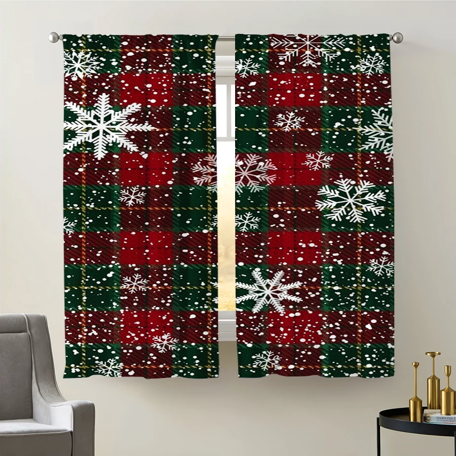 2PCS Christmas Winter Curtains, Red Green Plaid Snow, Digital Print, Bedroom Living Room, Rod Pocket, Polyester, Home Decor