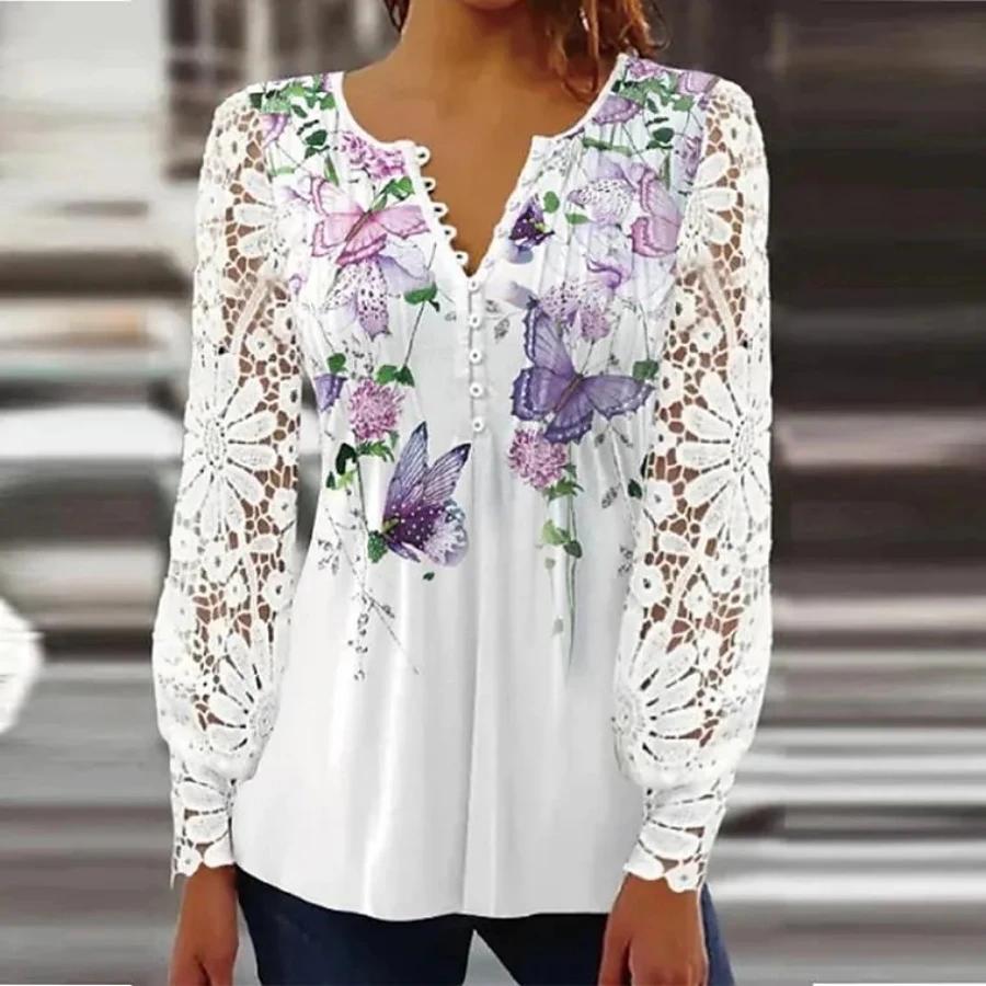 Arazooyi Elegant Loose Lace Shirt Woman  Casual  Shirt Women Long sleeve Printed Woman Shirt Weekend Temperament