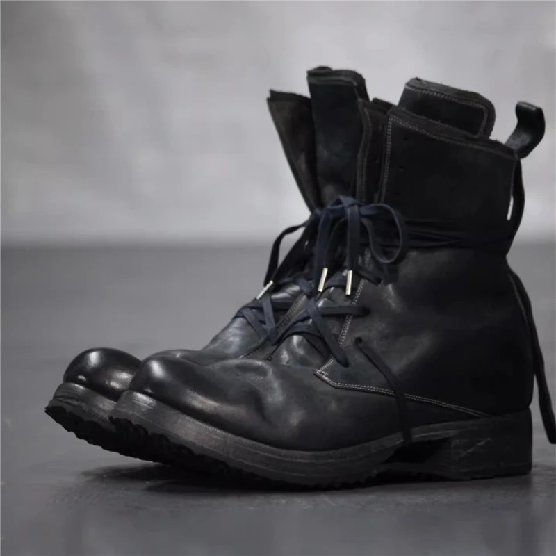 

Men Vintage Black Soft Leather Boots Round Toe Lace Up Motorcycle Ankle Boots Cowboy New Fashion High Top Shoes