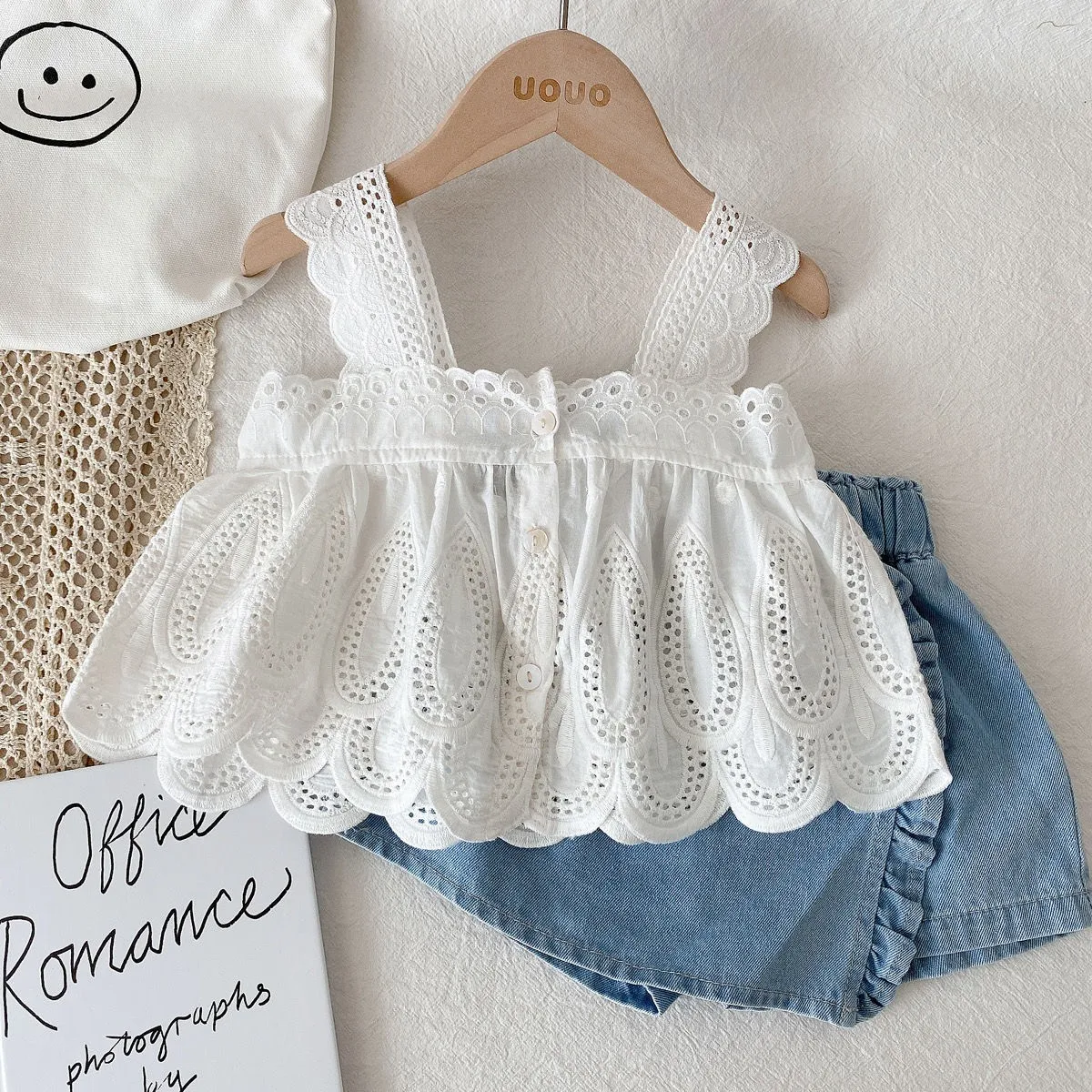 Designer Girls' 2-Piece Set - Lace Sleeveless Top + Denim Shorts | Boutique Baby Outfit (Ages 1-6 Years