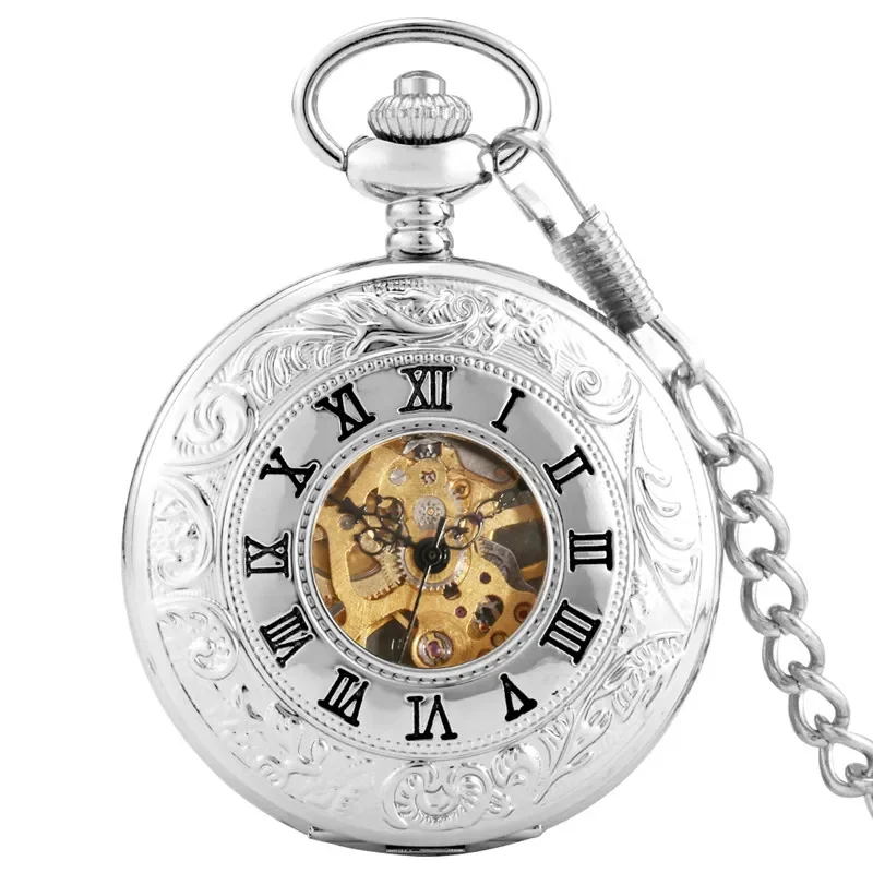 Vintage Silver Carved Roman Number Case Men Women Handwinding Mechanical Pocket Watch Skeleton Dial with Pendant Fob Chain Gift