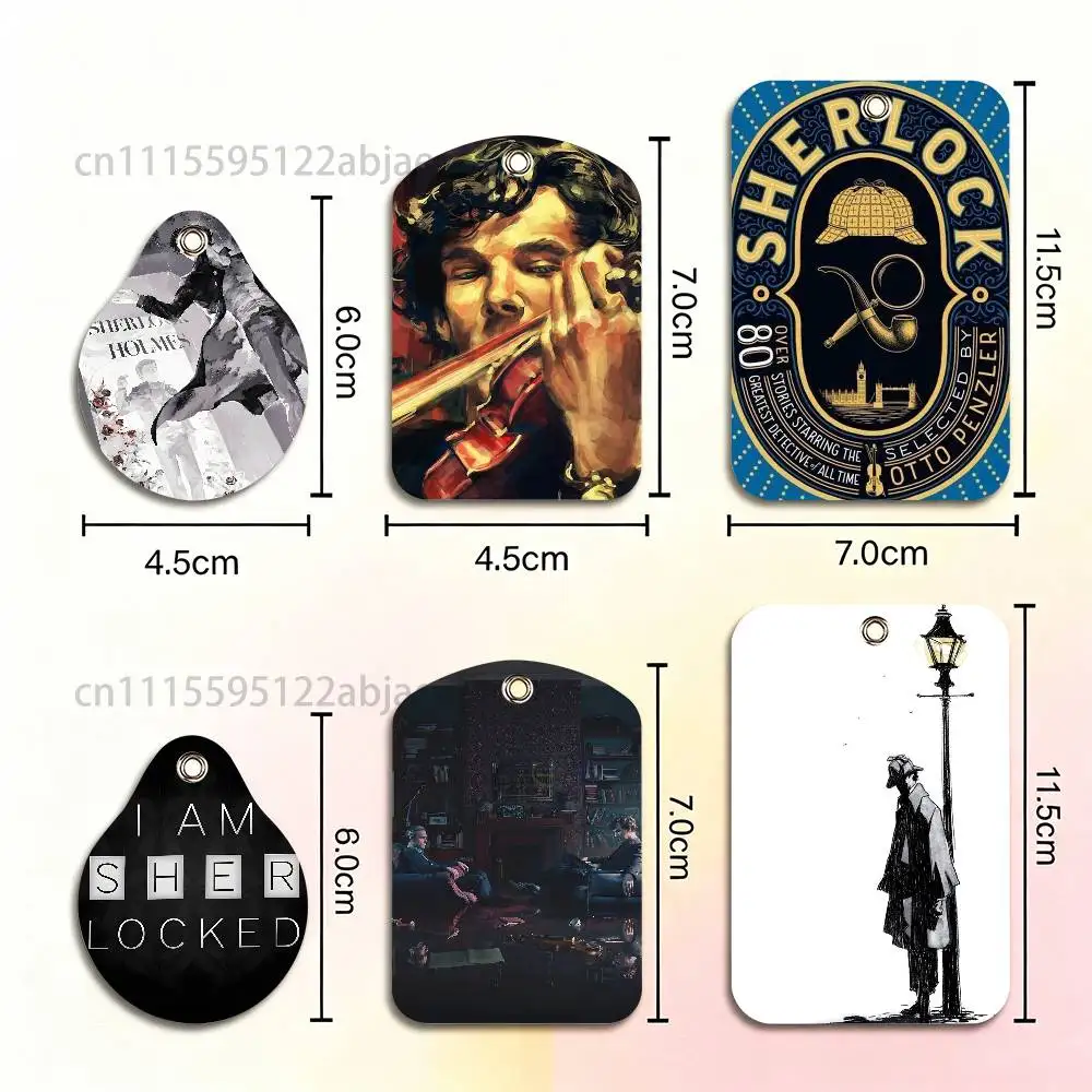 S-Sherlock Holmes Rectangle ID Card Case Keychain Access Card Bag Key Tag Ring Leather Card Holder Key Ring