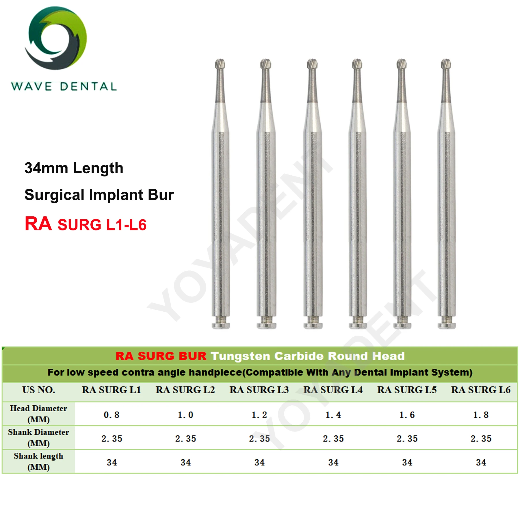 

WAVE Dental Implant Bur Tungsten Carbide Burs Dental Drills Round Ball Shape Latch RA SURG L1-L6 For Dentistry Implant System