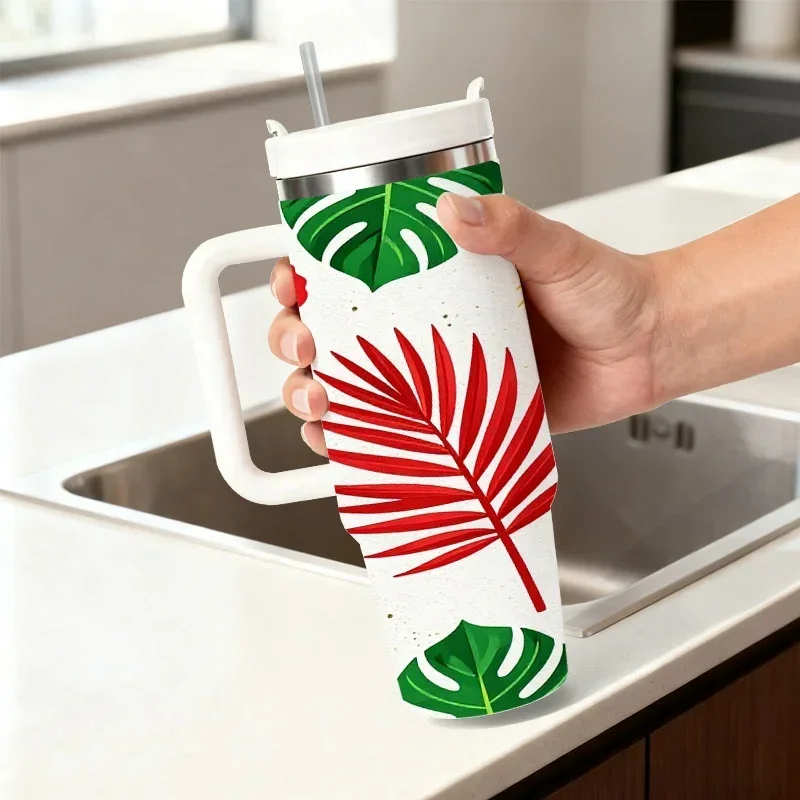 40oz Stainless Steel Insulated Tumbler, Vibrant Digital Tropical Print with Red Hibiscus, Green Monstera & Yellow Palm Leaves, Reusable Hot & Cold Drink Cup for Daily Use, Outdoor Trips & Summer Gatherings