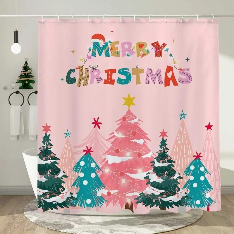 Pink Christmas Tree Letter Print Shower Curtain Set with 12 Hooks Colorful Cartoon Design No Drilling Waterproof
