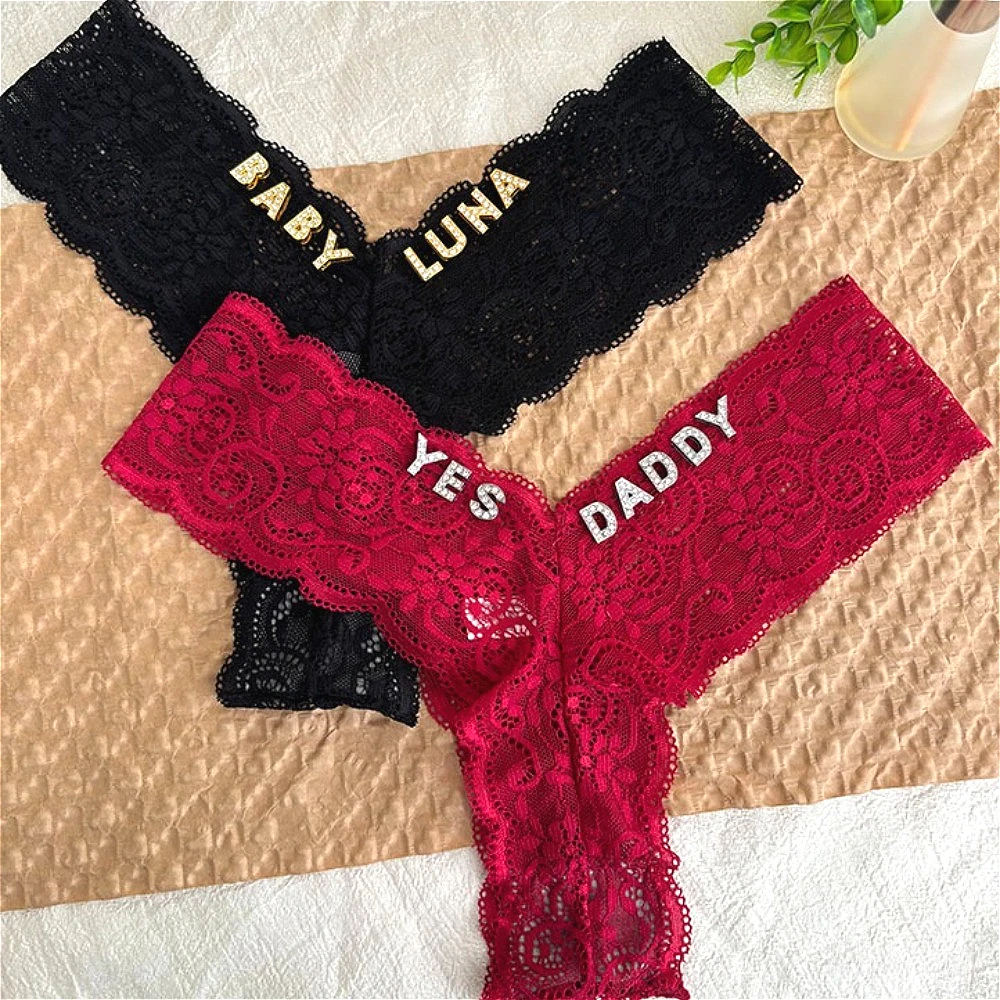 Custom Name Thong Personalized Text Crystal Letters Bikini Panties Sexy Lace G-String for Woman Wife Girlfriend Anniversary Gift