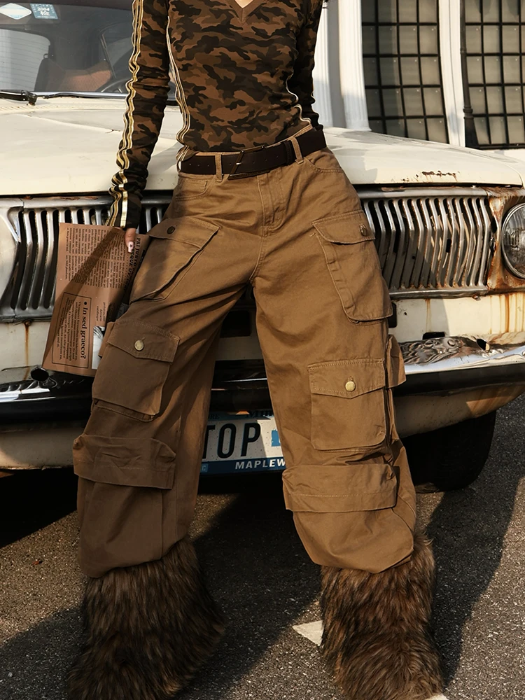 American Retro High Street Outdoor Casual Multi-Pocket Fashionable Leisure Workwear Pants for Women Yikukuu Natural Waist Cotton