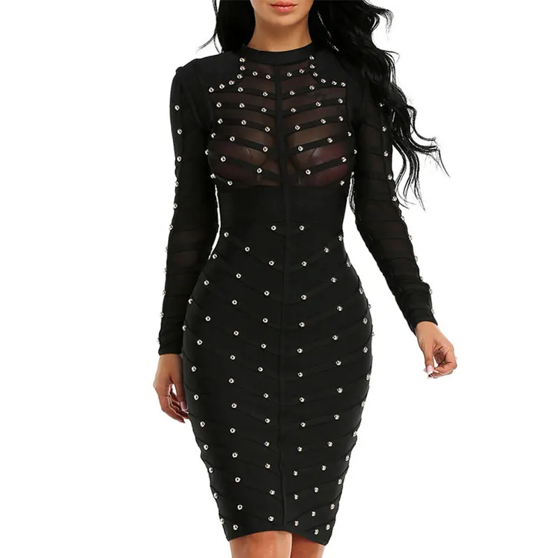 

2023 New Women Black Red Green Mesh Lace Sexy Bodycon Nail Beaded Evening Bandage Dress Mini Long Sleeve Party Nightclub Elegant