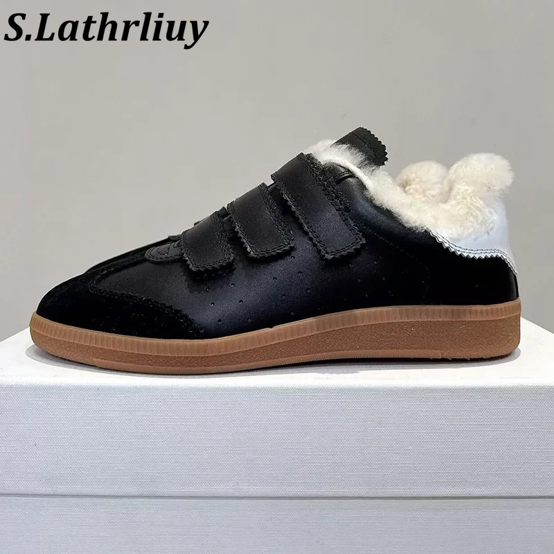 

Winter Thick Soled Casual Shoes Women's Spliced Mixed Color Breathable Flat Shoes Warm Real Wool Daily Sneaker Walking Shoes