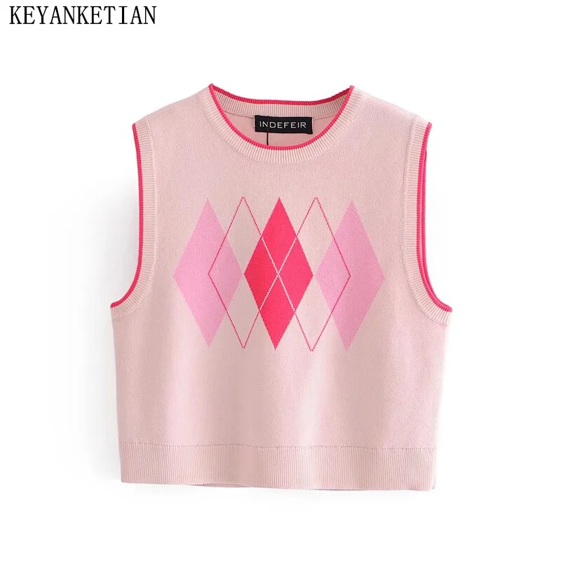 KEYANKETIAN 2024 New Women's Argyle Jacquard Decoration Knit Vest Autumn Preppy Style O-Neck Sleeveless Thin Sweater Pullover