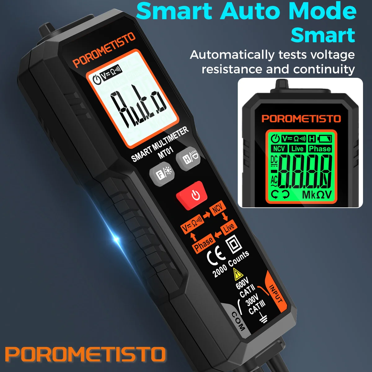POROMETISTO MT01 Multimetr cyfrowy Inteligentny tester napięcia 2000 zliczeń AC/DC NCV Test przewodów pod napięciem Automatyczny zakres 600 V Tester