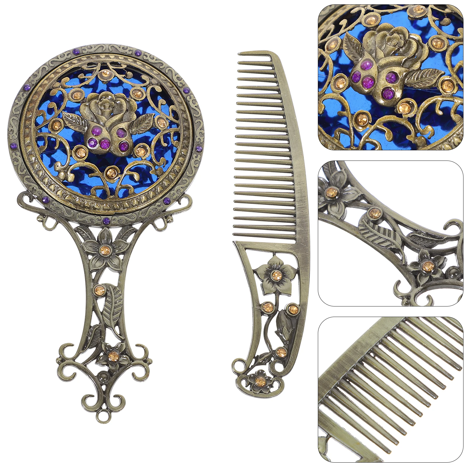 Metal Woman Mirror Compact Hair Comb Set Vintage Travel Clear HD Mirror Surface Portable Double Side Small Pocket Purse Handbag