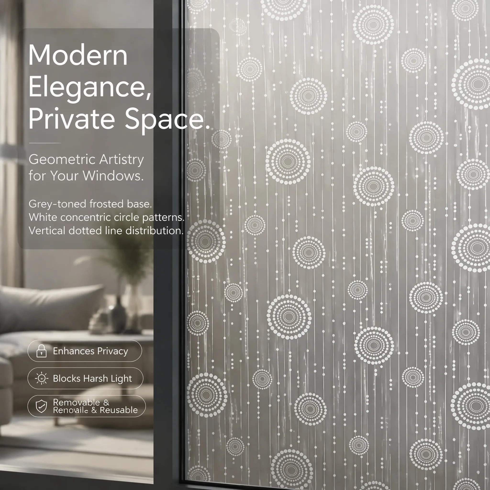 Minimalist Grey Frosted Geometric Privacy Window Film with White Circle Dot Design Built-in Adhesive Soft Light Filter Cuttable
