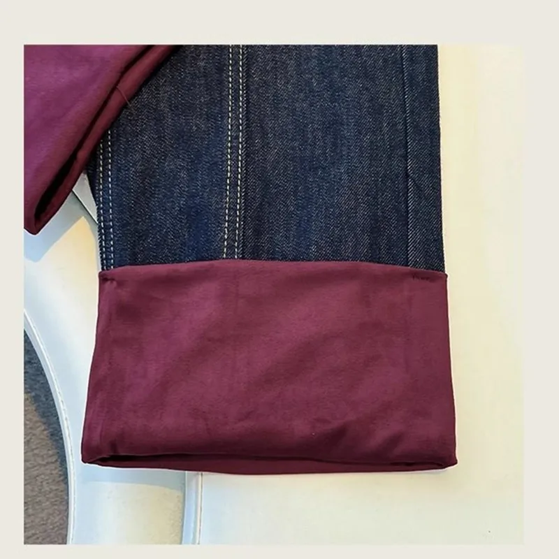 

Color blocked patchwork Jeans For women Spring Autumn Winter Loose Straight leg Pants High waisted Thicken Casual Denim Pants