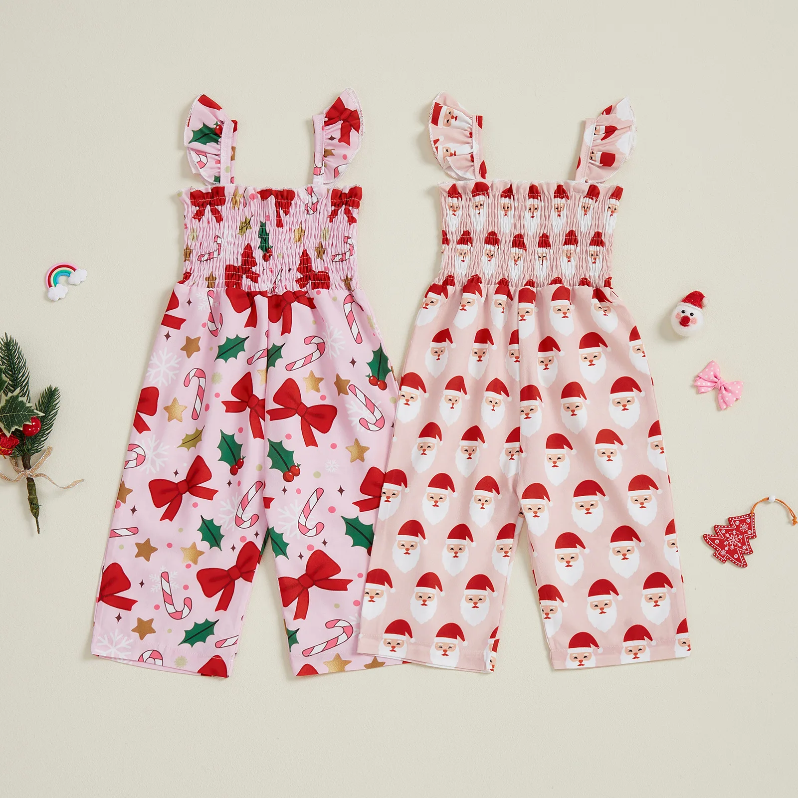 

Girls' Jumpsuit Summer Thin Christmas Element Suspender Jumpsuit for Baby Girls, Stylish and Loose Wide Leg Pants