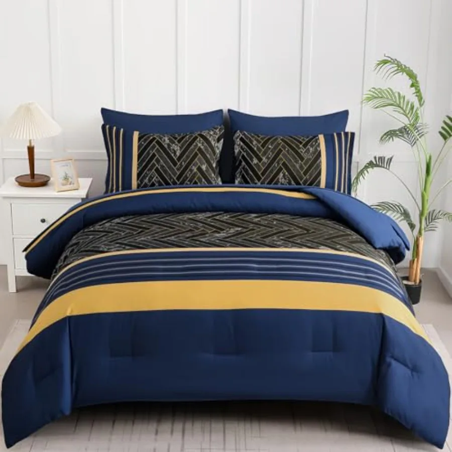 

Comforter Set Size 7 Pieces Stripe Geometric Bed in a Bag Marble Comforter and Sheet Set Soft Microfiber Complete Bedding Sets
