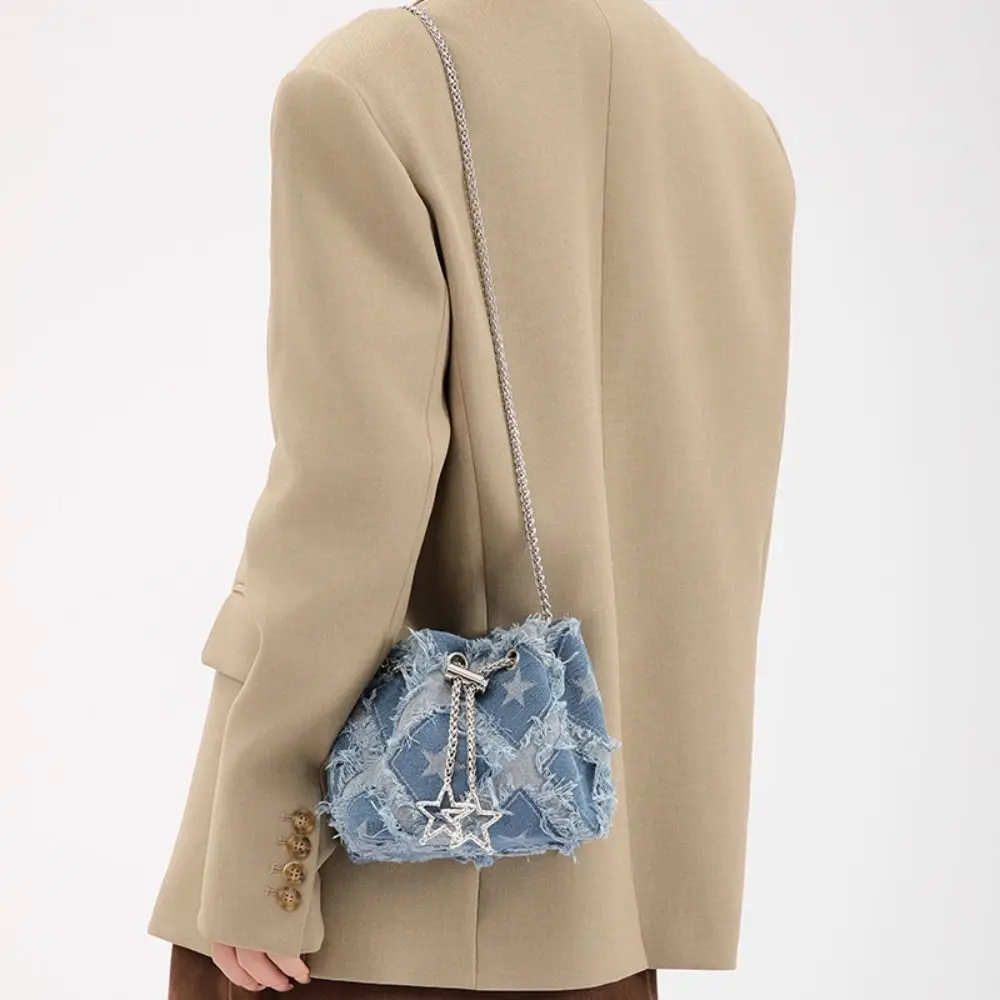

French Tassel Star Denim Bucket Bag Drawstring Rhinestone Metal Chain Crossbody Bag Handbag Small Purse Cloth Shoulder Bag Party