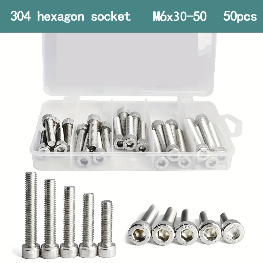 

50 шт. винтов M6x30/40/45/50 мм из нержавеющей стали 304 с цилиндрической головкой и внутренним шестигранником, крепежные элементы
